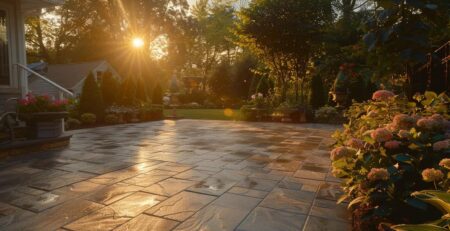 a beautifully crafted outdoor patio in south jersey, showcasing expertly laid pavers, surrounded by lush greenery under golden hour lighting, highlighting the craftsmanship and durability of professional installation.