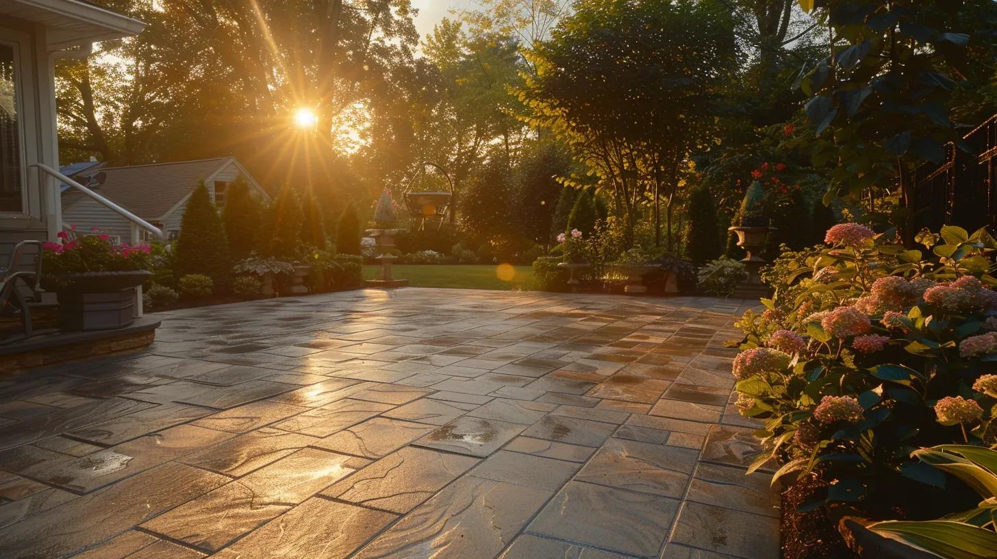 a beautifully crafted outdoor patio in south jersey, showcasing expertly laid pavers, surrounded by lush greenery under golden hour lighting, highlighting the craftsmanship and durability of professional installation.