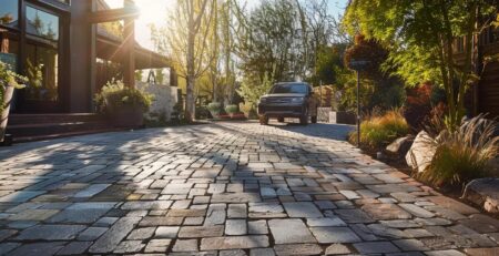 a stunning scene of richly textured pavers being expertly installed, showcasing a dynamic interplay of colors and shapes that promise to transform driveway designs.