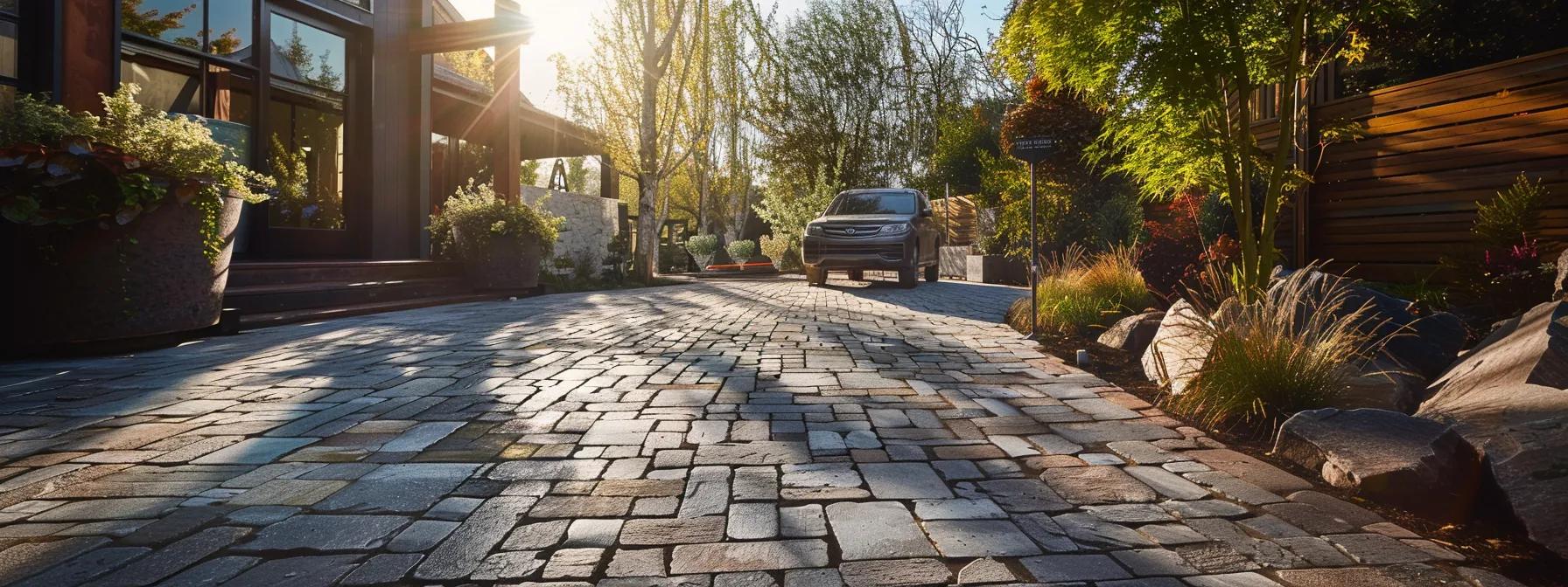 a stunning scene of richly textured pavers being expertly installed, showcasing a dynamic interplay of colors and shapes that promise to transform driveway designs.